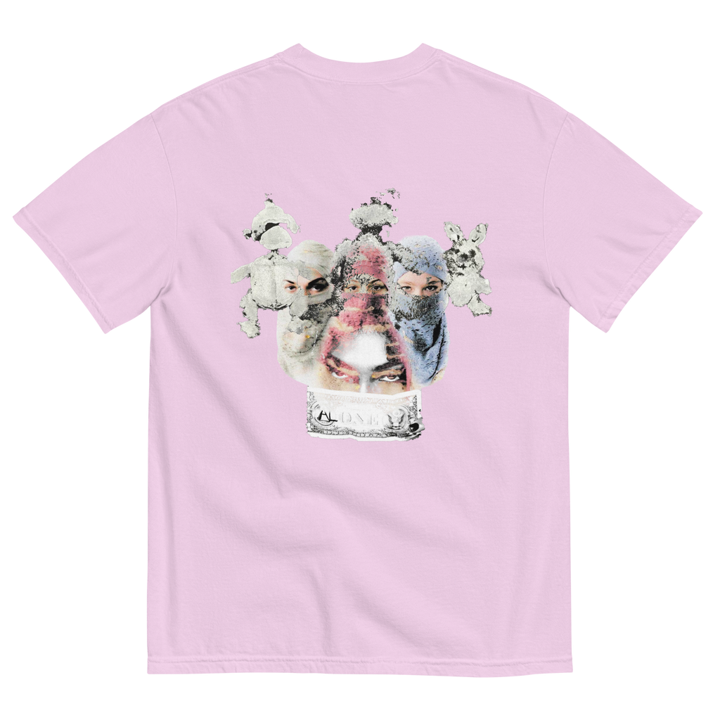 Pink t-shirt with a graphic of a glass jar containing small animals on a white background