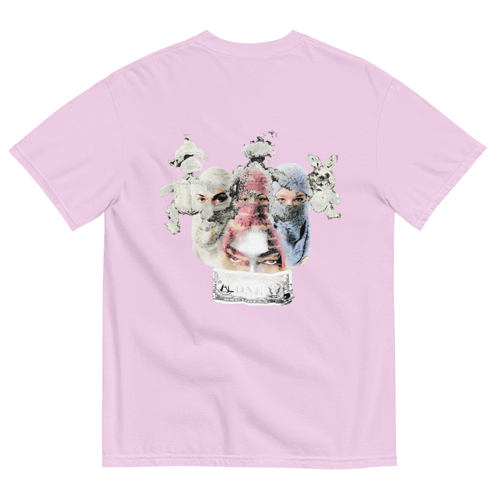 Pink t-shirt with a graphic of a glass jar containing small animals on a white background