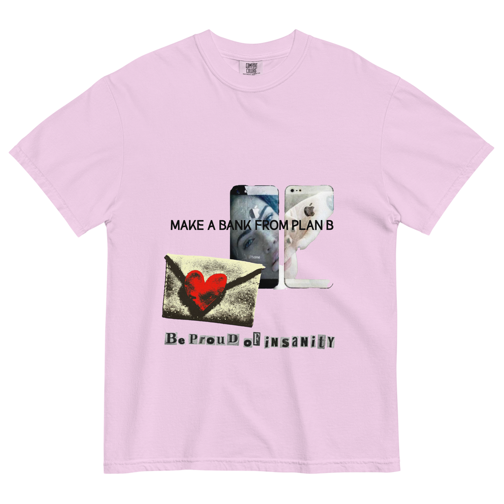 Pink t-shirt with graphic design and text on a white background